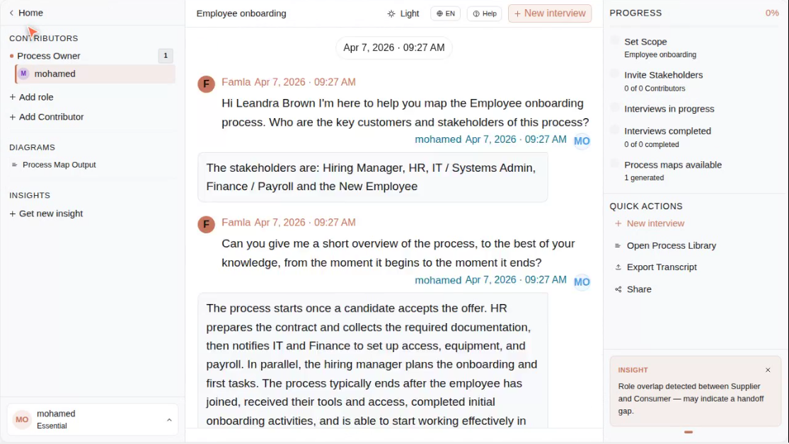 Famla AI conducting a role-specific employee onboarding interview with progress tracking